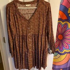 Brown floral print long sleeve dress